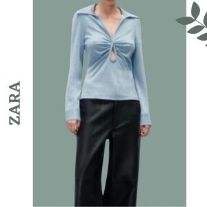 Zara Shimmer Metallic Collared Knit Top Long Sleeve Light Blue Key Hole Size XL
